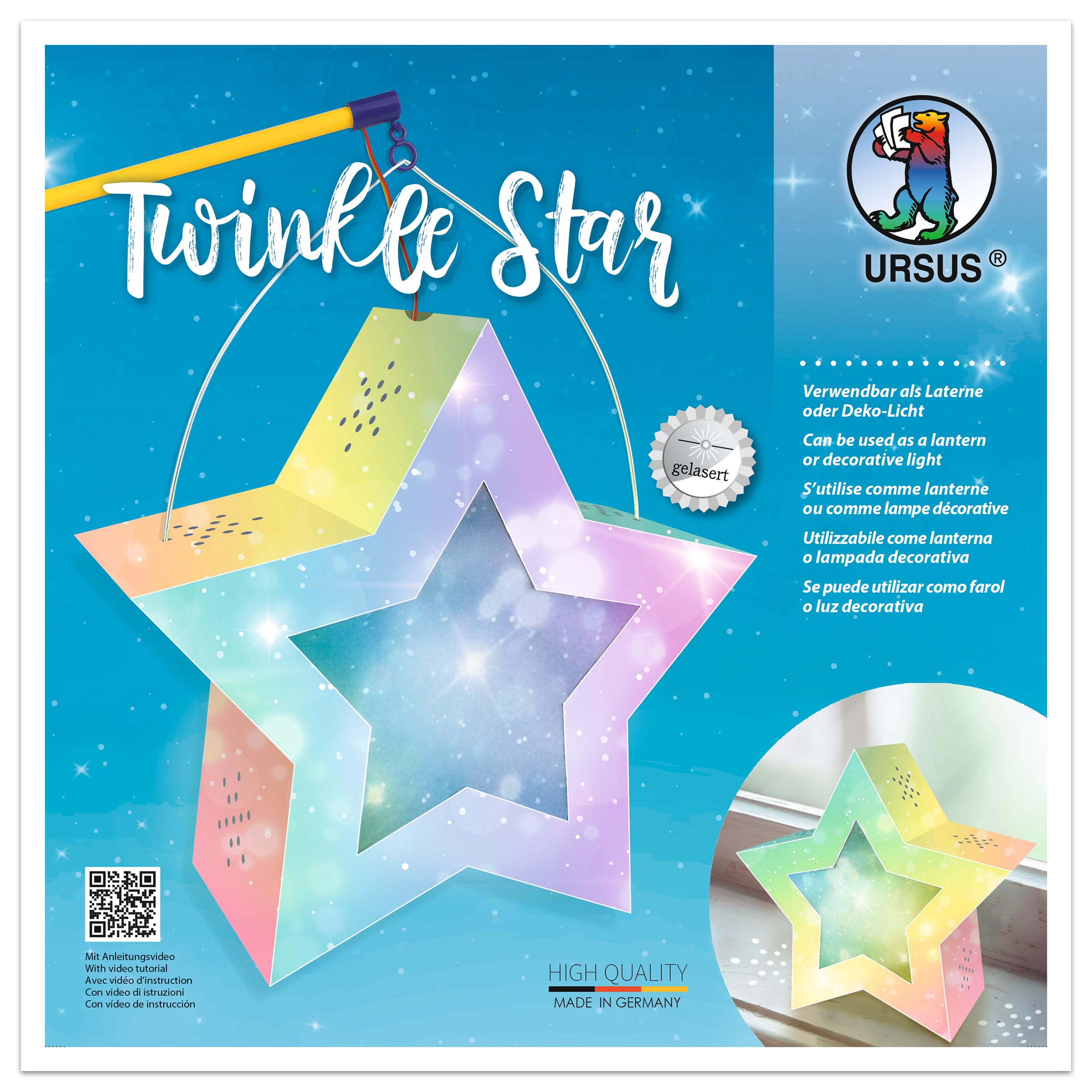 Ursus Twinkle Star 18770004 Fairy Dust, Approx. 19.3 x 18.3 x 8 cm, 1 Lantern Blank Star Made of Photo Card 300 g/m², Lasered and Grooved, 2 Stars Made of Transparent Paper 115 g/m², Lantern Carry