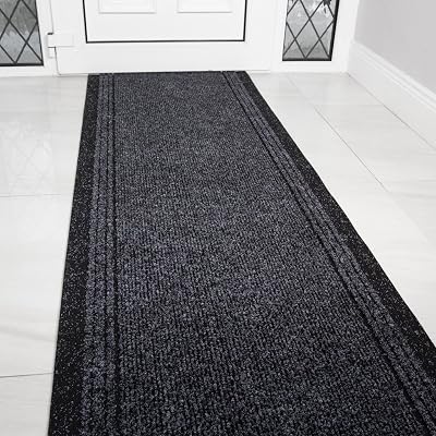 The Rug House Concorde Grey Black Rubber Backed Hallway Runner 66cm Wide