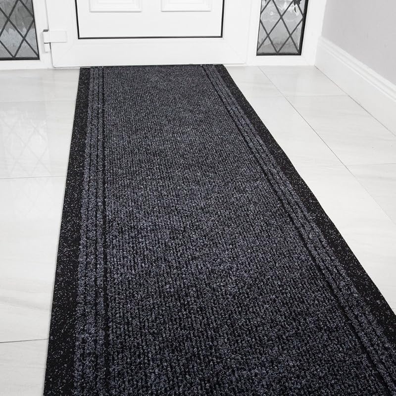 The Rug House Concorde Grey Black Rubber Backed Hallway Runner 66cm Wide
