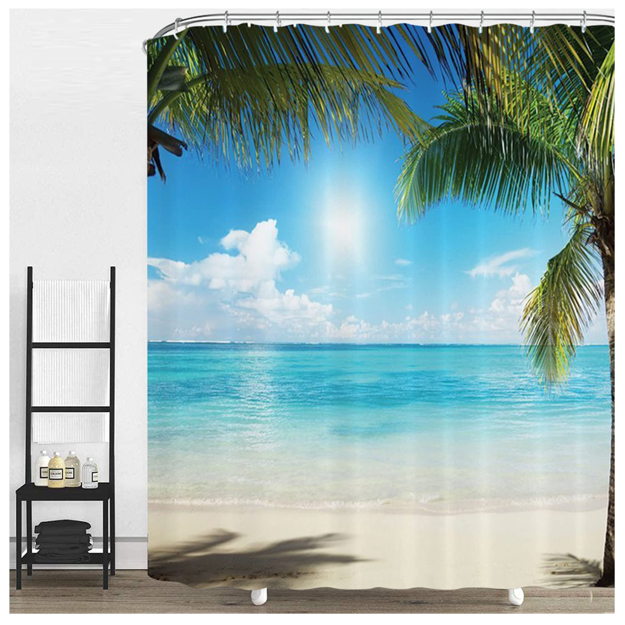 NiCoLa Shower Curtain Beach Scene Curtains for Bathroom Shower with 12 Hooks, 3D Waterproof Shower Curtain, Washable Shower Curtains for Wet Room 72 * 72 Inch