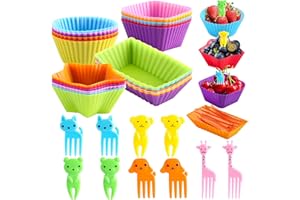 WSmelon Silicone Lunch Box Dividers for kids,24 pcs Bento Box Dividers with 10 Animal Food Picks,Silicone Bento Box Inserts,Cupcake Baking Cups,Muffin Pan Liners,Reusable and BPA Free