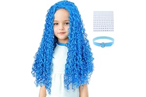 AMZCOS Long Blue Curly Wavy Synthetic Wigs with Blue Choker and Rhinestones Stickers for Girls Kids Teens Cosplay Halloween Party