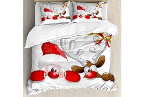 Ambesonne Christmas Duvet Cover Set, Funny Christmas Santa Claus and Reindeer Peeking Cartoon Style Humor, Decorative 3 Piece Bedding Set with 2 Pillow Shams, Queen Size, Vermilion Caramel White
