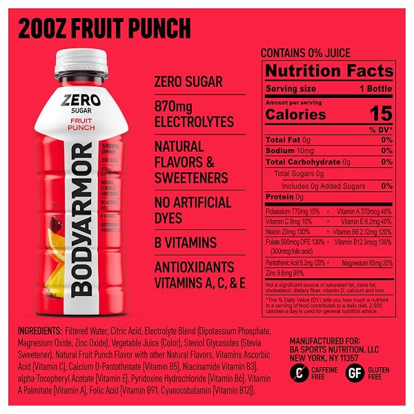 BODYARMOR ZERO SUGAR FRUIT PUNCH, SUGAR FREE SPORTS DRINK – LOW-CALORIE HYDRATION – NATURAL FLAVORS WITH POTASSIUM PACKED ELECTROLYTES, ANTIOXIDANTS, AND B-VITAMINS, 20 FL OZ (PACK OF 6)