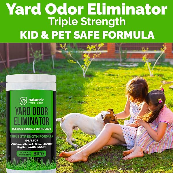 NATURE’S PURE EDGE YARD ODOR ELIMINATOR. PERFECT FOR ARTIFICIAL GRASS, PATIO, KENNEL, AND LAWN. INSTANTLY REMOVES STOOL AND URINE ODOR. LONG LASTING. KID AND PET SAFE.