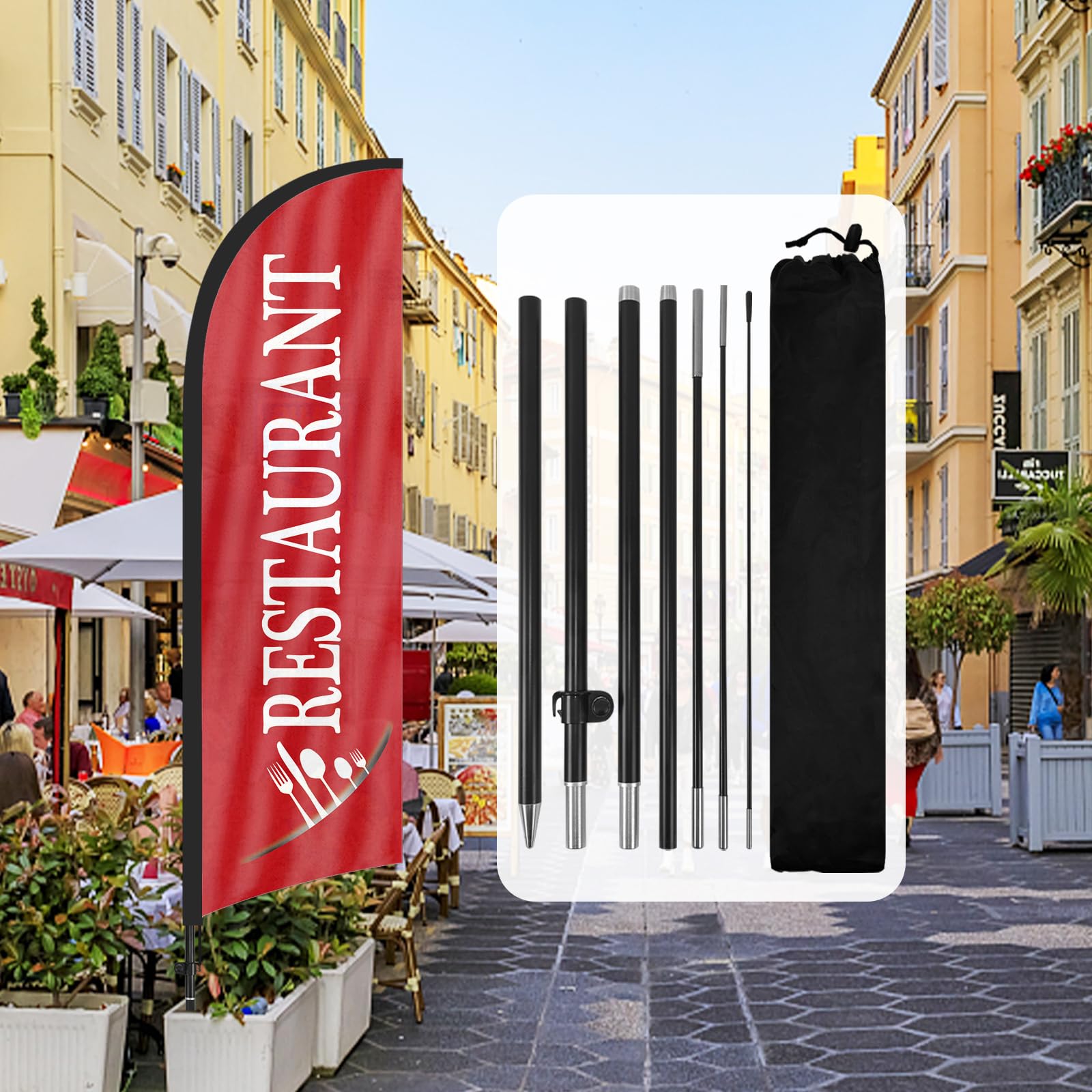 QSUM Restaurant Feather Flag,8FT Restaurant Advertising Swooper Flag with Pole Kit, Ground Spike, Signs for Businesses and Storefronts
