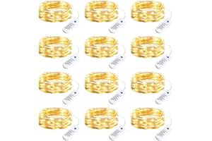 Minetom 12 Pack Fairy Lights Battery Operated String Lights, 8 Modes & Timer, 7ft 20LED Waterproof Silver Wire Twinkle Lights, Firefly Starry Moon Lights for Mason Jars DIY Christmas Wedding Party