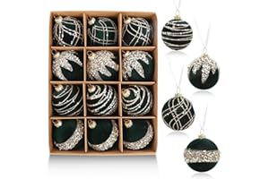 IPOPU 12pcs 2.36" Velvet Glitter Christmas Balls Green Christmas Ornaments Xmas Tree Ball Ornaments Xmas Balls Set for Holiday Wedding Party Centerpiece Decor(Green)