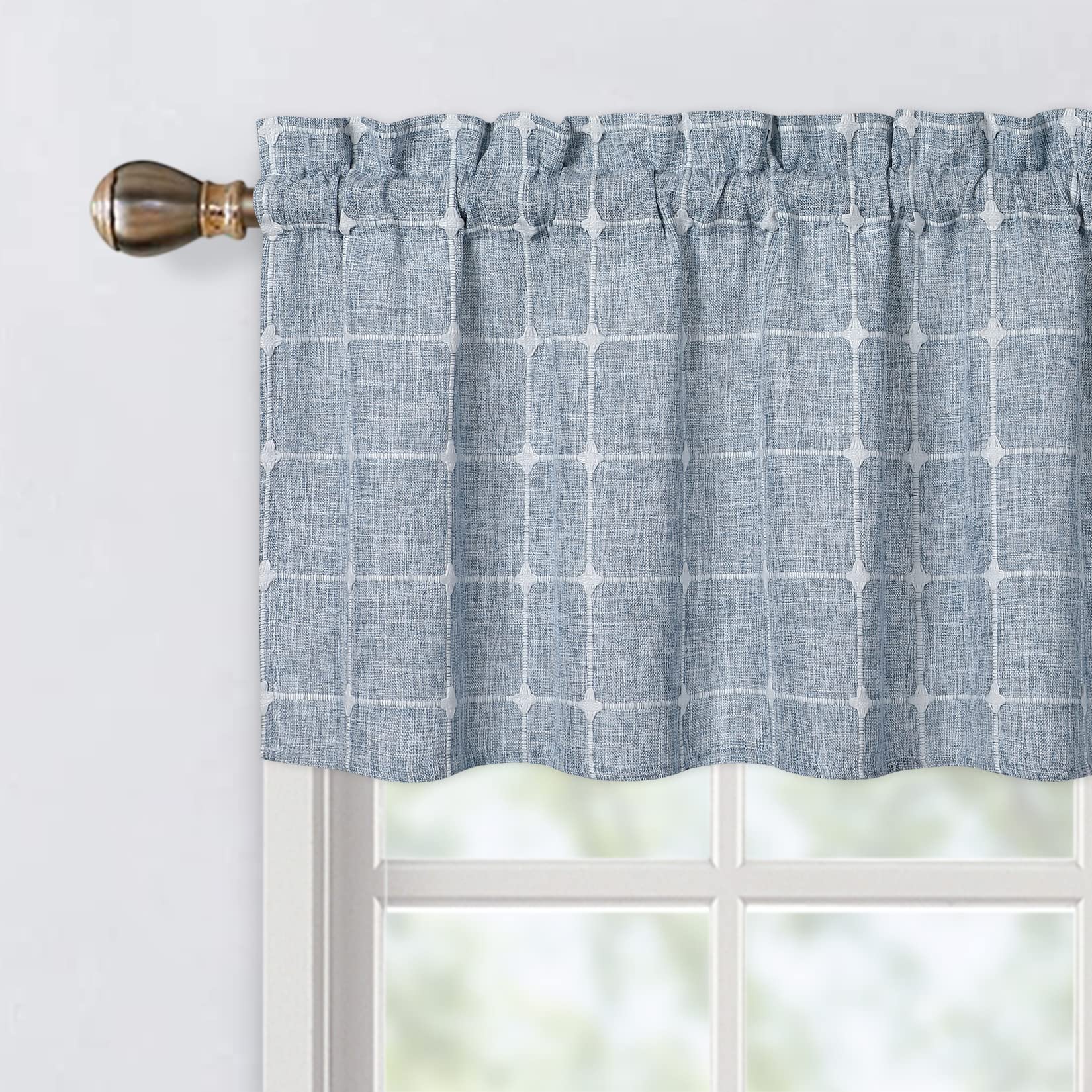 CAROMIO Cafe Curtain Valance, Embroidery Lattice Kitchen Curtains, Polyester Linen Farmhouse Short Window Curtains with Rod Pocket for Bedroom Living Room (52x15 Inches Blue 1 Panel)