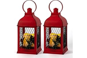 Yongmao Decorative Lantern LED Candle with Timer Vintage Christmas Red Look Distressed Pine Holly Berry Barbed Wire Hanging Lantern for Indoor Outdoor Home Christmas Décor
