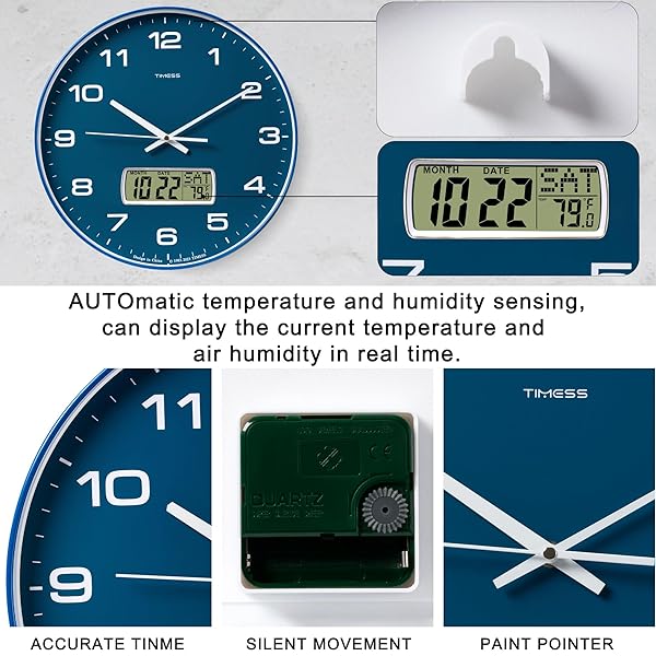 TIMESS WALL CLOCK, 14″ LARGE DIAL NON-TICKING SILENT BATTERY OPERATED ANALOG WITH LCD DISPLAY FOR PERPETUAL CALENDAR AND F° TEMPERATURE, IDEAL MODERN HOME, BEDROOM, KITCHEN, OFFICE DECOR (BLUE)