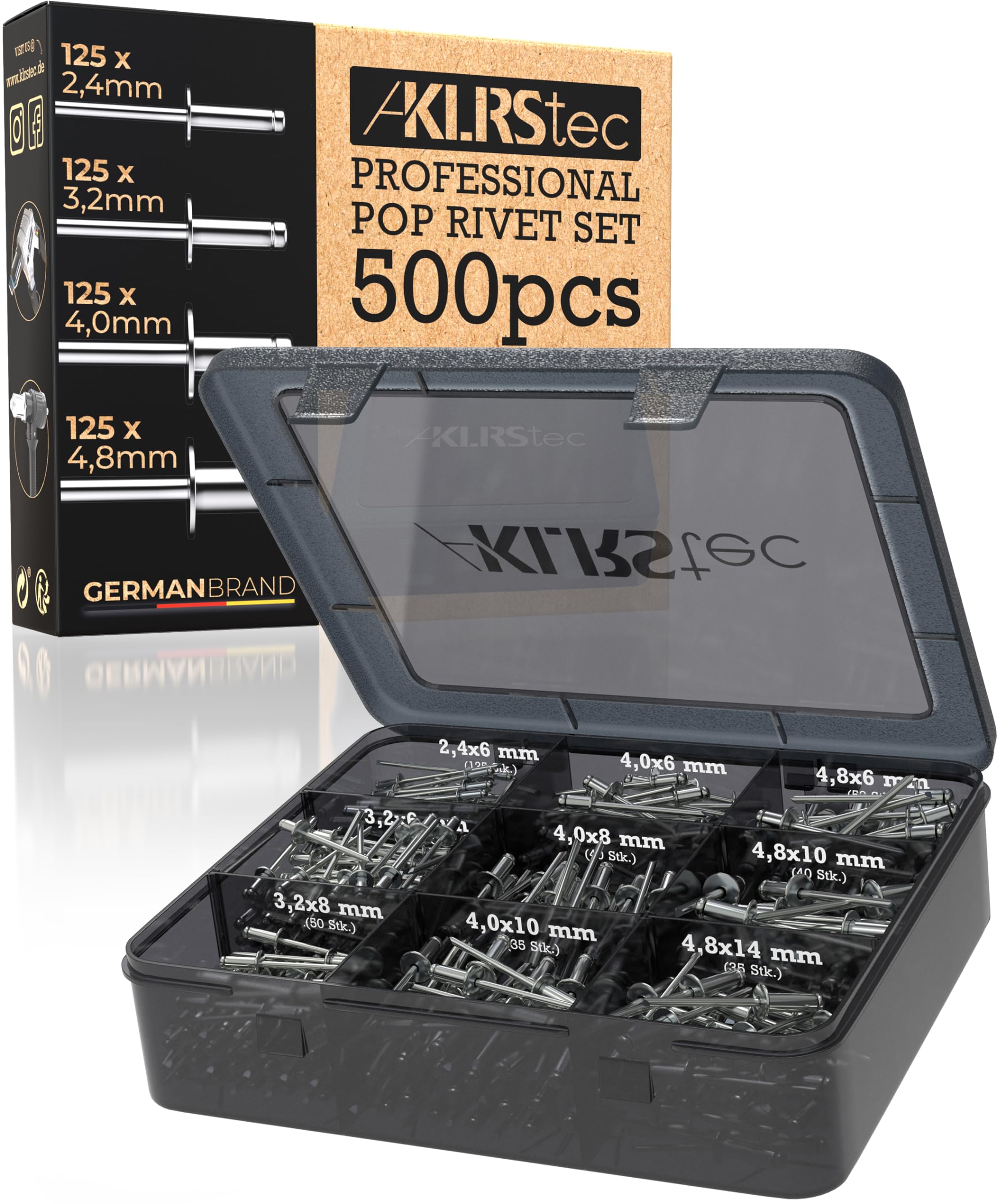 KLRStec Pop Rivets Assortment Kit 500 Pieces Aluminium Rivets for Rivet Guns 125 Pieces Each Size 2.4 mm 3.2 mm 4.0 mm 4.8 mm