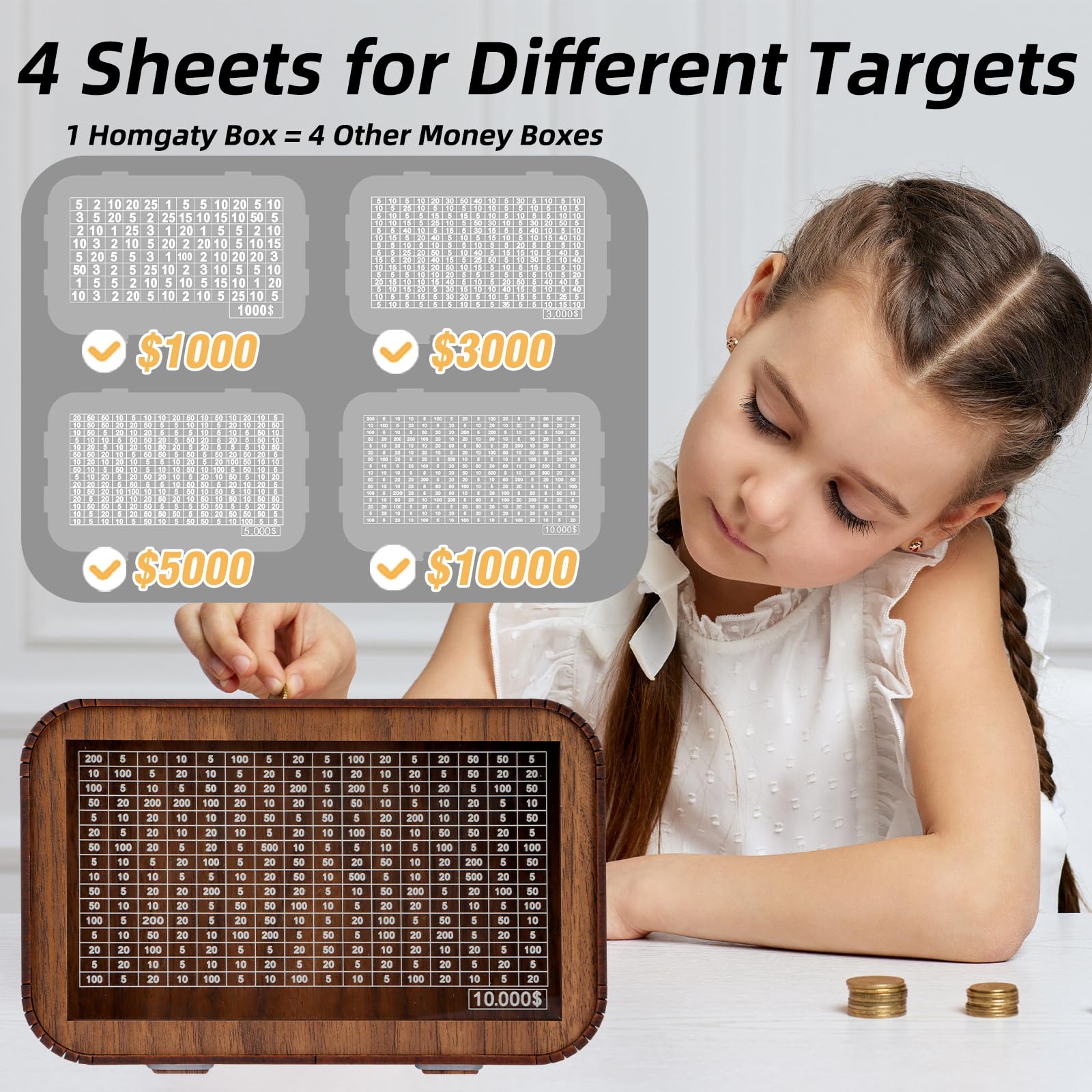 4-in-1 Piggy Bank for Adults Kids - Fully Assembled Wooden Money Saving Challenge Box(1000/3000/5000/10000) - Money Bank with Counter and Dry Erase Pen - Kakeibo Money Box for Cash Coin - BestGift