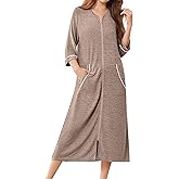 Ekouaer Zipper Robes for Women 3/4 Sleeve Bathrobe Lightweight House Coats for Women with Pockets Long Moo Moo Nightgown