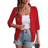 Rapbin Cardigans for Women Lightweight 3/4 Sleeve Crochet Textured Shrug for Dresses Open Front V Neck Button Down Top