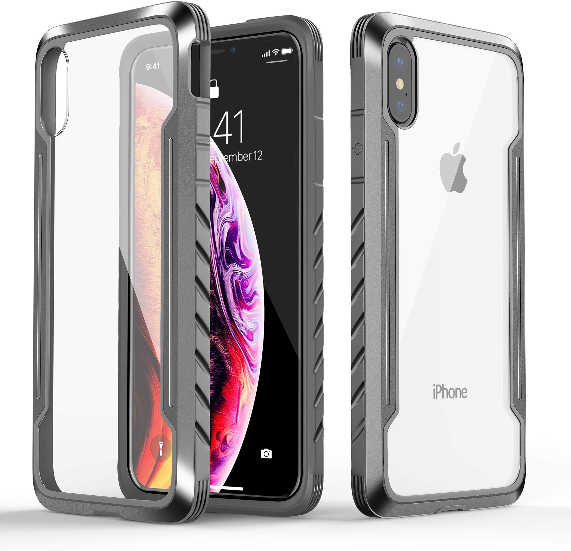 TEMINICE iPhone X Case,iPhone XS Case|Drop Protection,Rugged Armor Shockproof,Slip-Resistant, Crystal Clear | Stylish Fully Protective Phone Cover Case (grey)