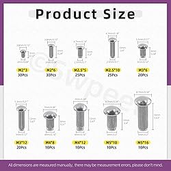 Swpeet 190Pcs M2 M2.5 M3 M4 M5 Solid 304 Stainless