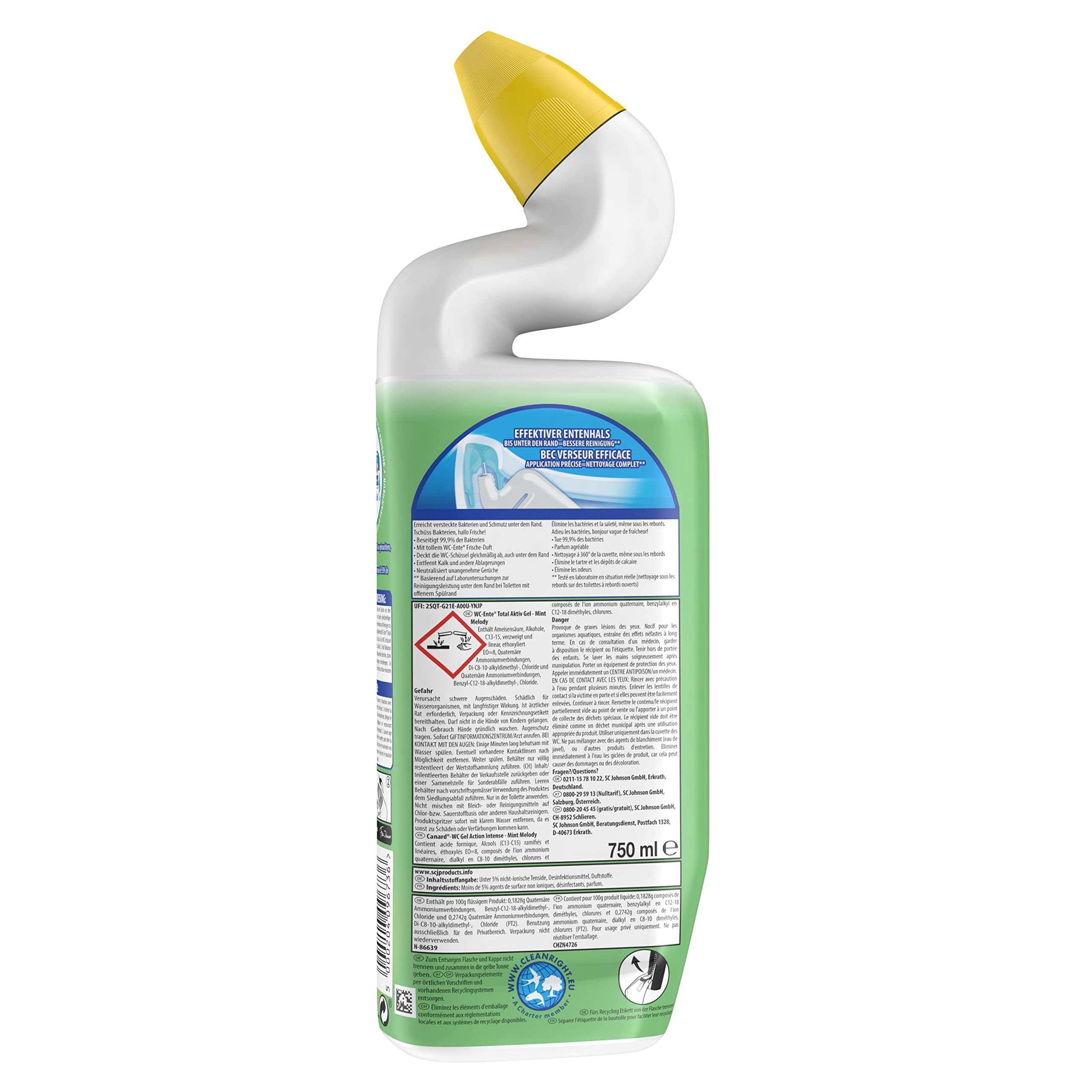 WC ENTE Total Aktiv Gel, Flüssiger WC Reiniger antibakteriell, Toilettenreiniger, Mint Melody, 1er Pack (1 x 750 ml) 2