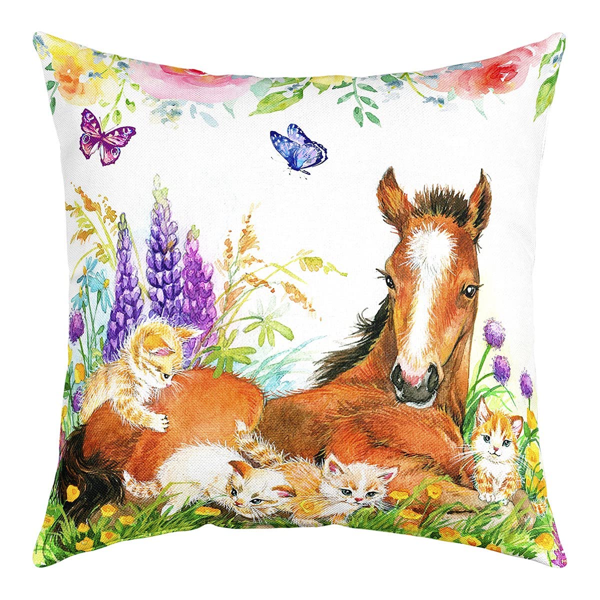 richhome Watercolor Horse Pillow Cover Cute Cat Kawaii Animal Livestock Decorative Pillow Cover Colorful Floral Rustic Plants Throw Pillow Cover for Living Room Couch Decor,Single Pack,20"x20"