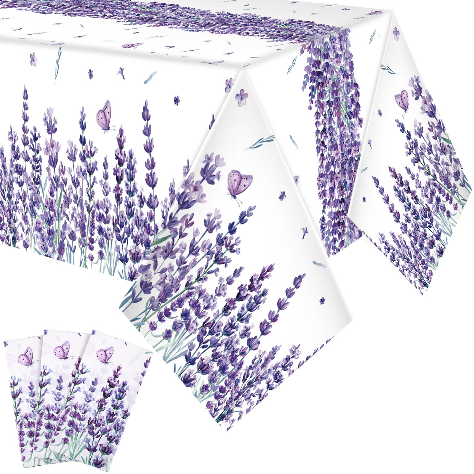 Photo 1 of Peryiter 3 Pcs Spring Summer Floral Tablecloths Plastic Lavender Table Covers 54 x 108 Inch Watercolor Purple Floral Tablecloth for Spring Easter Bridal Shower Tea Birthday Party Decorations