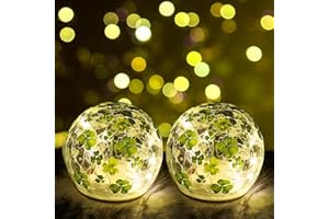 TTQ 2 PCS St Patricks Day Decorations,3.93'' Lighted Glass Ball Tabletop Decor Crackle LEDs Night Light with Clover Pattern,Lighted Glass Spheres Decorative Balls Glass Orb Table Lamps