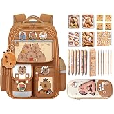 SJIE Waterproof Capybara Backpack，Large-capacity includes 36-Piece Accessories (Pencil case, Notebook, Sticky notes, stickers, Gel pen and Others)