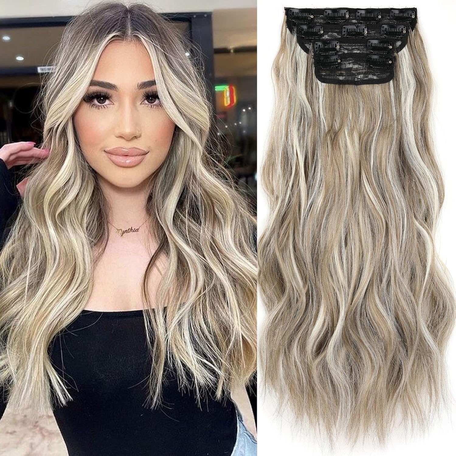Mscat 20 Inch Long Wavy Hair Extensions - Ash Brown Blonde Clip in Synthetic Hairpieces - 4PCS Full Head Set Thick Curly (Ash Brown Mixed Blonde) — image 1