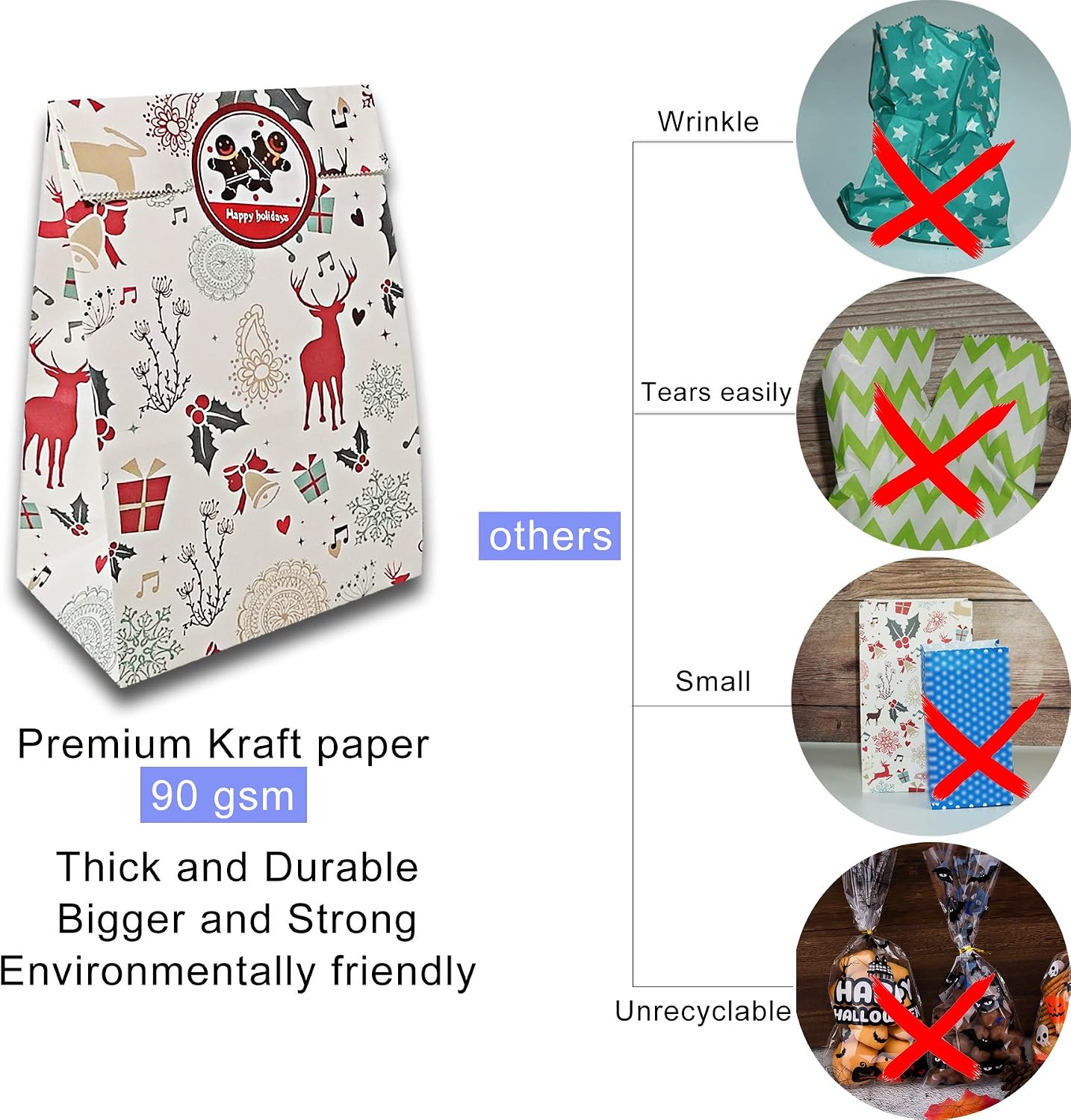 30 Pcs Christmas Paper Bags,Flat Bottom Party Bags,6 Christmas Elements Themed Design with 30 Pcs Stickers for Xmas Party Birthday and Classroom - Image 5