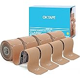 OK TAPE 4 Rolls Kinesiology Tape Precut, Cotton Elastic Athletic Tape Latex Free,20 Strips per Roll 2in x 16ft,Muscle Support,Beige