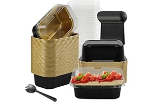 BAKINGPAK Disposable Mini Cake Pans With Lids, 50PCS 5.5OZ Loaf Cupcake Liners With Lids Mini Aluminum Pans with Lids Mini Cake Tins Mini Cheesecake Pans For Mothers Day Gifts,Black Gold