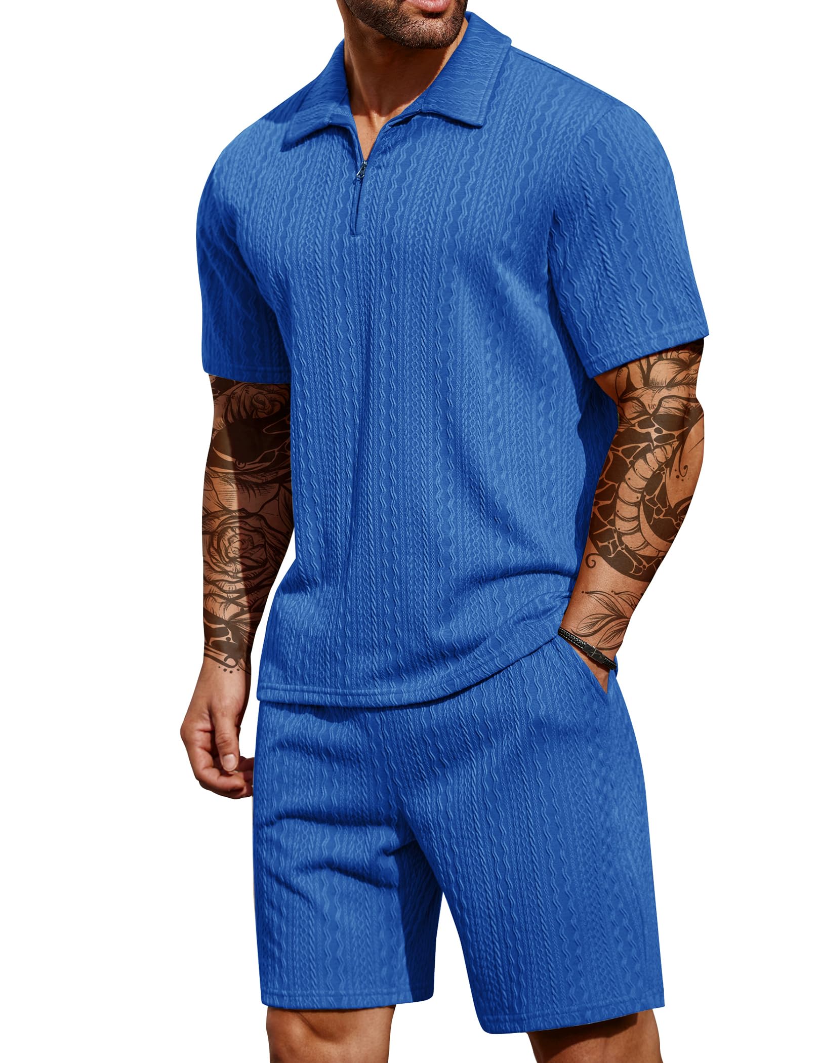 COOFANDY Men's Polo Shirt and Shors Set Summer Outfits Fashion Zipper Polo Suit for Men Short Sleeve 2 Piece Tracksuit Image