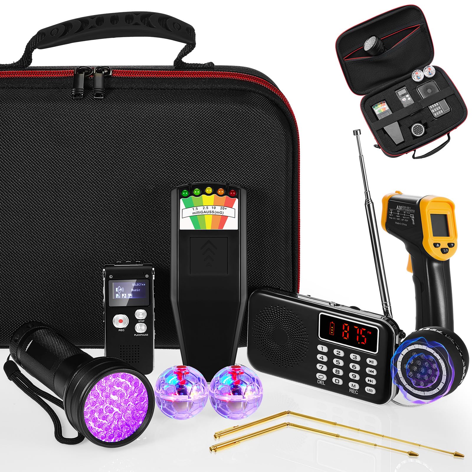 Photo 1 of Dunzy 11 Pcs Ghost Hunting Equipment Kit Include Ghost Radio, Electromagnetic Paranormal Radiation Detector, Voice Recorder, UV Flashlight 2 LED Light up Cat Balls Etc(Emf Meter)