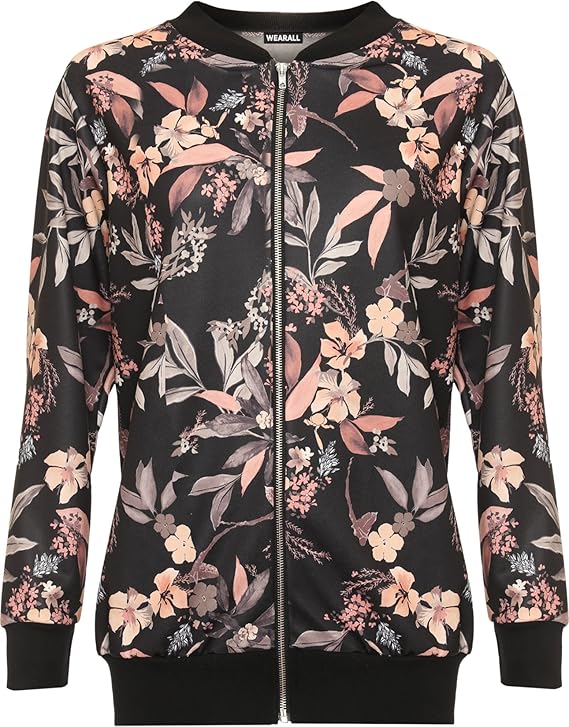 WearAll Damen Plus Blumen Blatt Bomber Jacke Damen Druck Lang Hülle Reißverschluss - 42-56