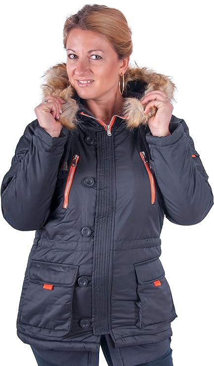 Almwerk Damen Winterjacke mit Fell Kapuze in schwarz, blau und grün