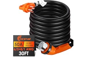 FICSTAR 50 Amp RV Extension Cord 30 ft, Heavy Duty 6/3+8/1 SJTW AWG RV Power Cord with Grip Handle Twist Lock, NEMA 14-50P to SS2-50R with LED Indicator