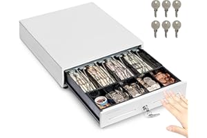 Volcora 13" Manual Push Open Cash Register Drawer for Point of Sale (POS) System, White Heavy Duty Till with 4 Bills and 5 Coin Slots, Key Lock with Removable Coin Tray and Double Media Slots