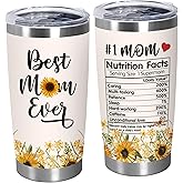 TEEZWONDER Birthday Gifts for Mom from Daughter Son - #1 Nutrition Facts Sunflower Stainless Steel Insulated Coffee Tumbler with Lid 20 oz - Mothers Birthday Gifts for Mama Grandma Women