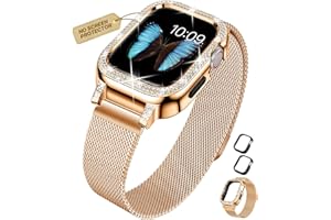 XYF Compatible for Apple Watch Band 45mm 44mm 41mm 40mm for Women with Bumper, Stainless Steel Mesh Magnetic Luxury Rhinestone Milanese Strap Dressy iWatch Loop Series 9 8 7 6/SE 5 4