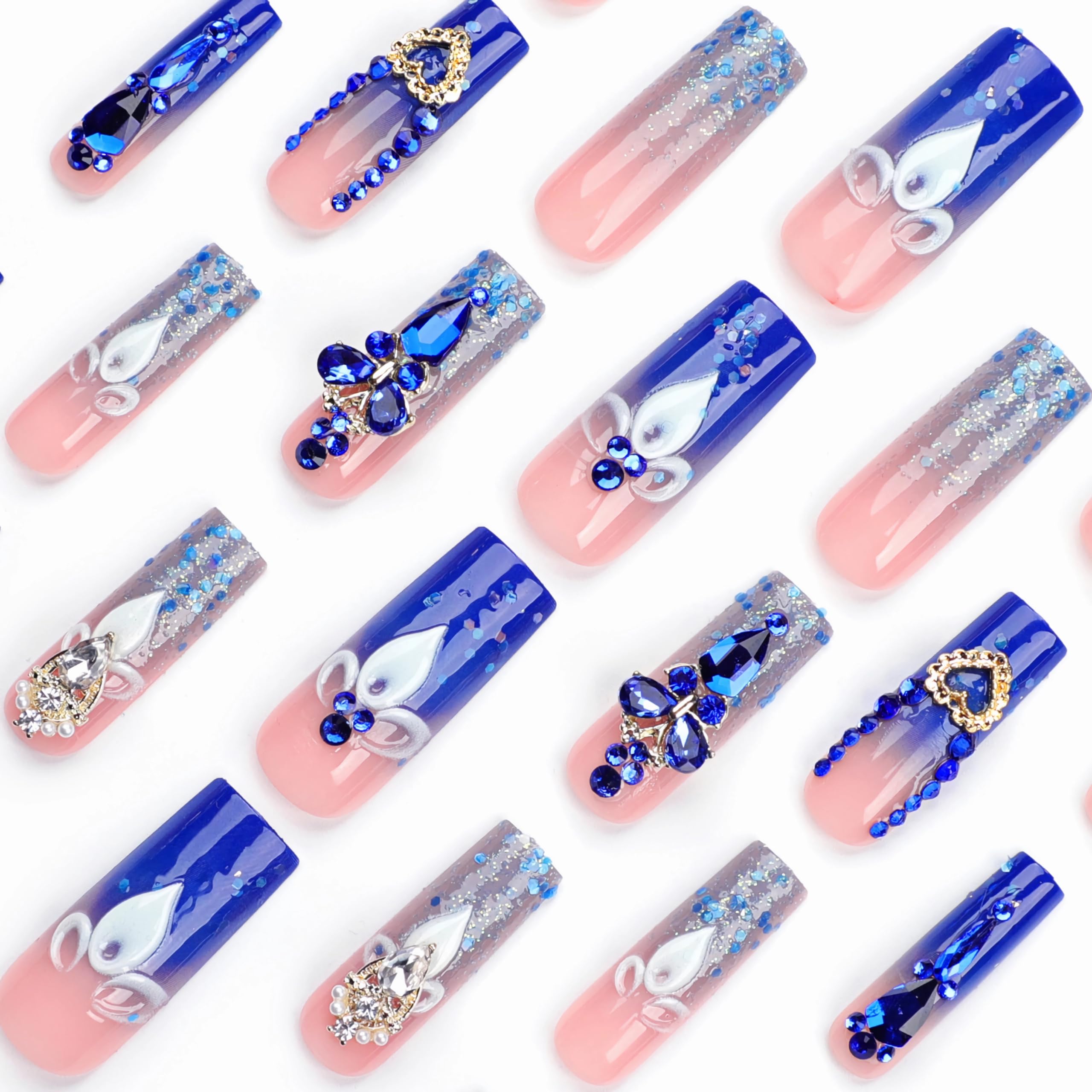 BABALAL Blue Press on Nails Long Square Fake Nails Luxury Glue on Nails 3d Butterfly Gold Heart Charm Design Acrylic Nails 24Pcs Bling Squoval Full Cover False Nails - Image 3