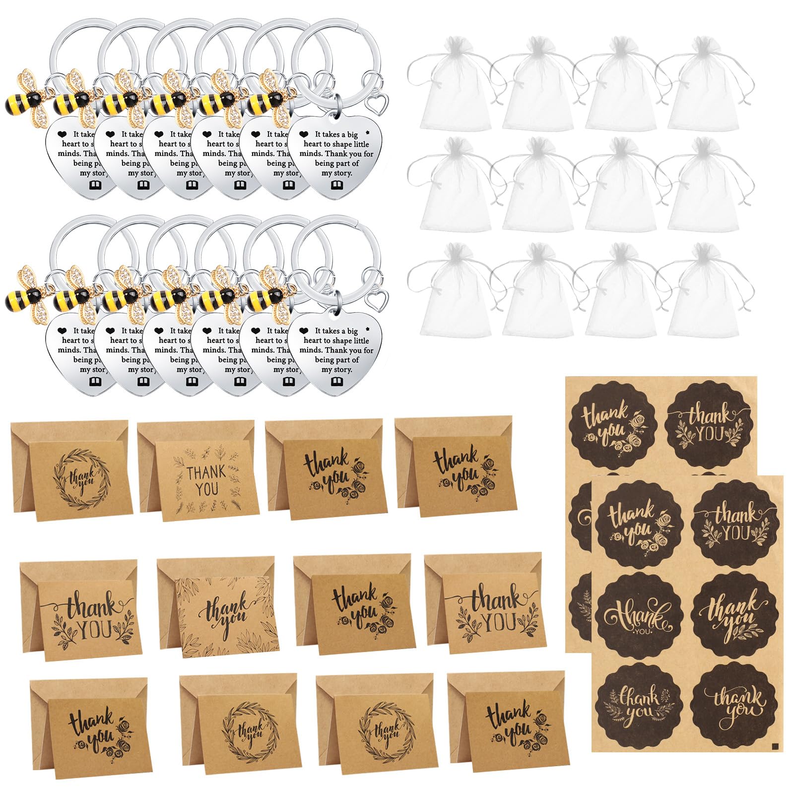 YUUTIAL 12 PC Teacher Gifts Keychain, Bee Thank You Gift Keyring Teacher Appreciation Gifts with Organza Bags Thank You Card Envelopes for Birthday Graduation Christmas Women Men