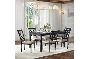 AMERLIFE 7-Piece Farmhouse Dining Table Set with 6 Upholstered Chairs, 60" Space-Saving Dining Table & Chair Set for Dining Room, Kitchen, Small Apartment, Restaurant, Grey & White