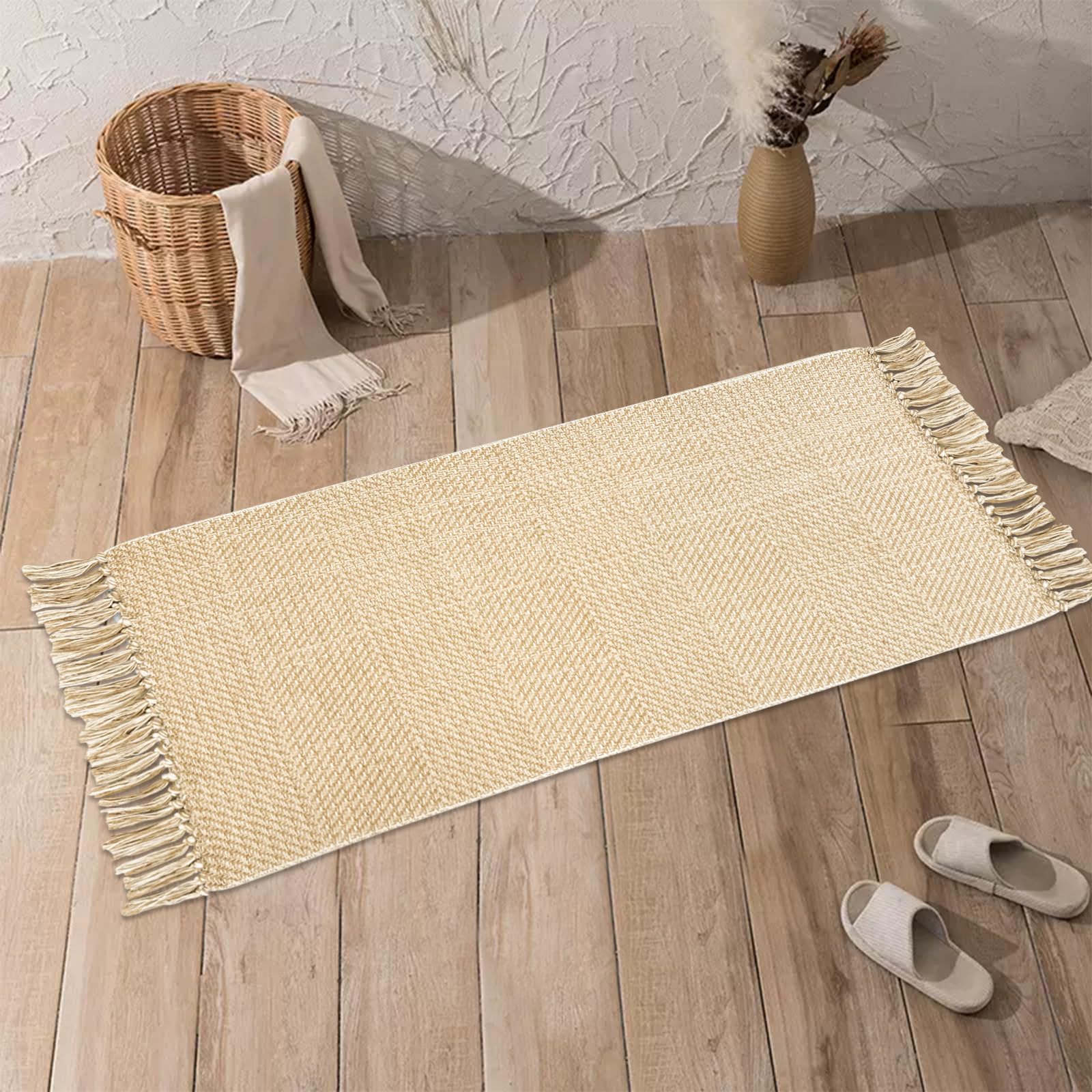 USTIDE Hand Woven Natural Farmhouse Area Rug Cream Brown Reversible Area Rug Soft Cotton Floor Mat Porch Entryway Rug,Long Hallway Runner Rug,60x130cm
