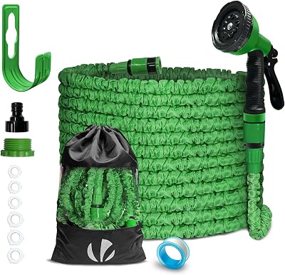 ® Tubo Irrigazione Estensibile 15m, Tubo Flessibile da Giardino con Pistola a Spruzzo d'Acqua 10 Funzioni, Connettore 1/2" e 3/4" e Gancio e Organizer Inclusi, Verde