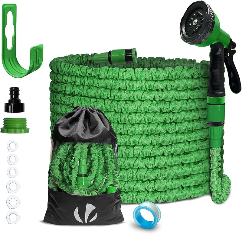 ® Tubo Irrigazione Estensibile 15m, Tubo Flessibile da Giardino con Pistola a Spruzzo d'Acqua 10 Funzioni, Connettore 1/2" e 3/4" e Gancio e Organizer Inclusi, Verde