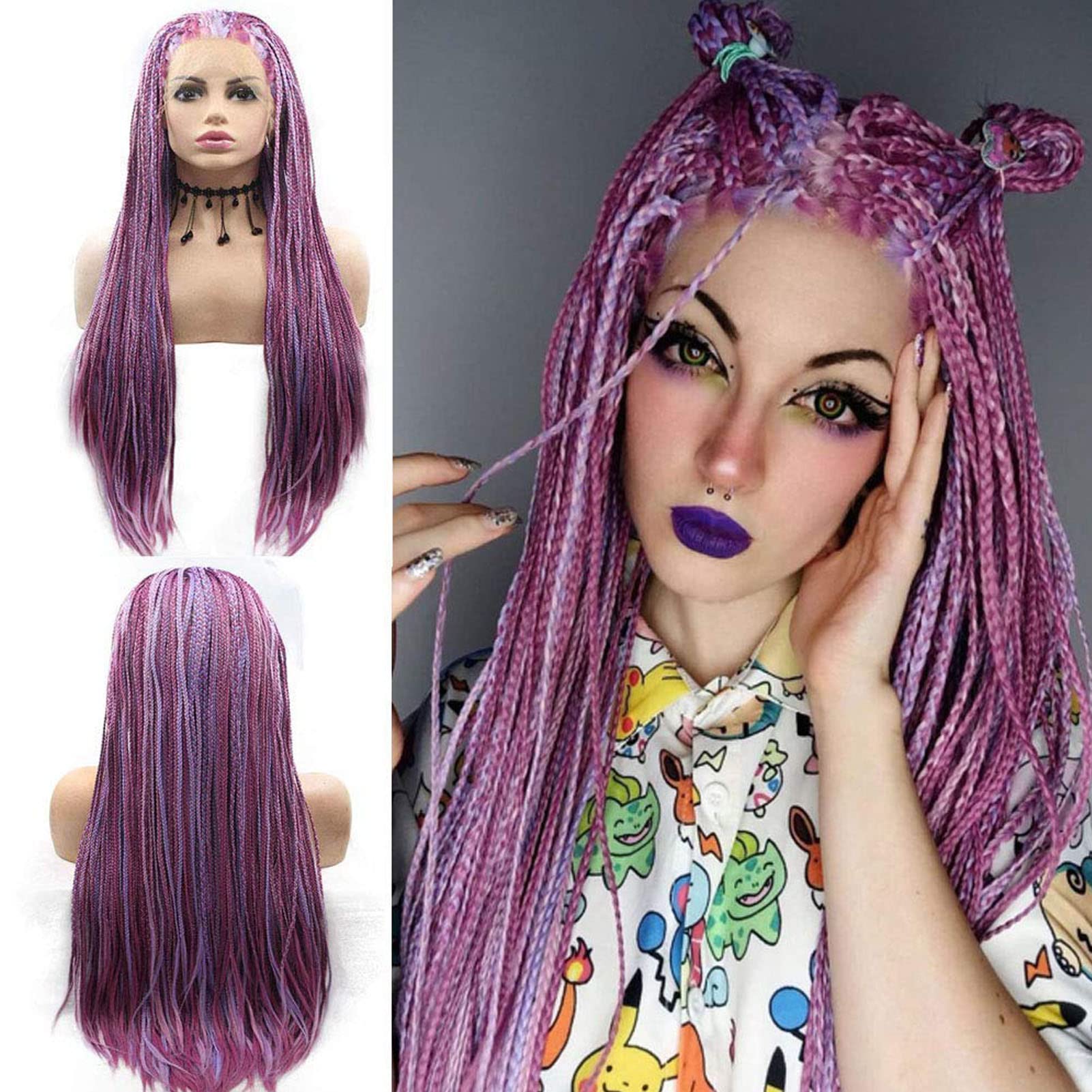 Purple Micro Braided Wigs for Black Women Handmade Knotless Box Braid Wig Long Highlight Lilac Realistic Cornrow Lace Front Braided Wigs Glueless Synthetic Heat Resistant Hair Makeup Daily 26Inch