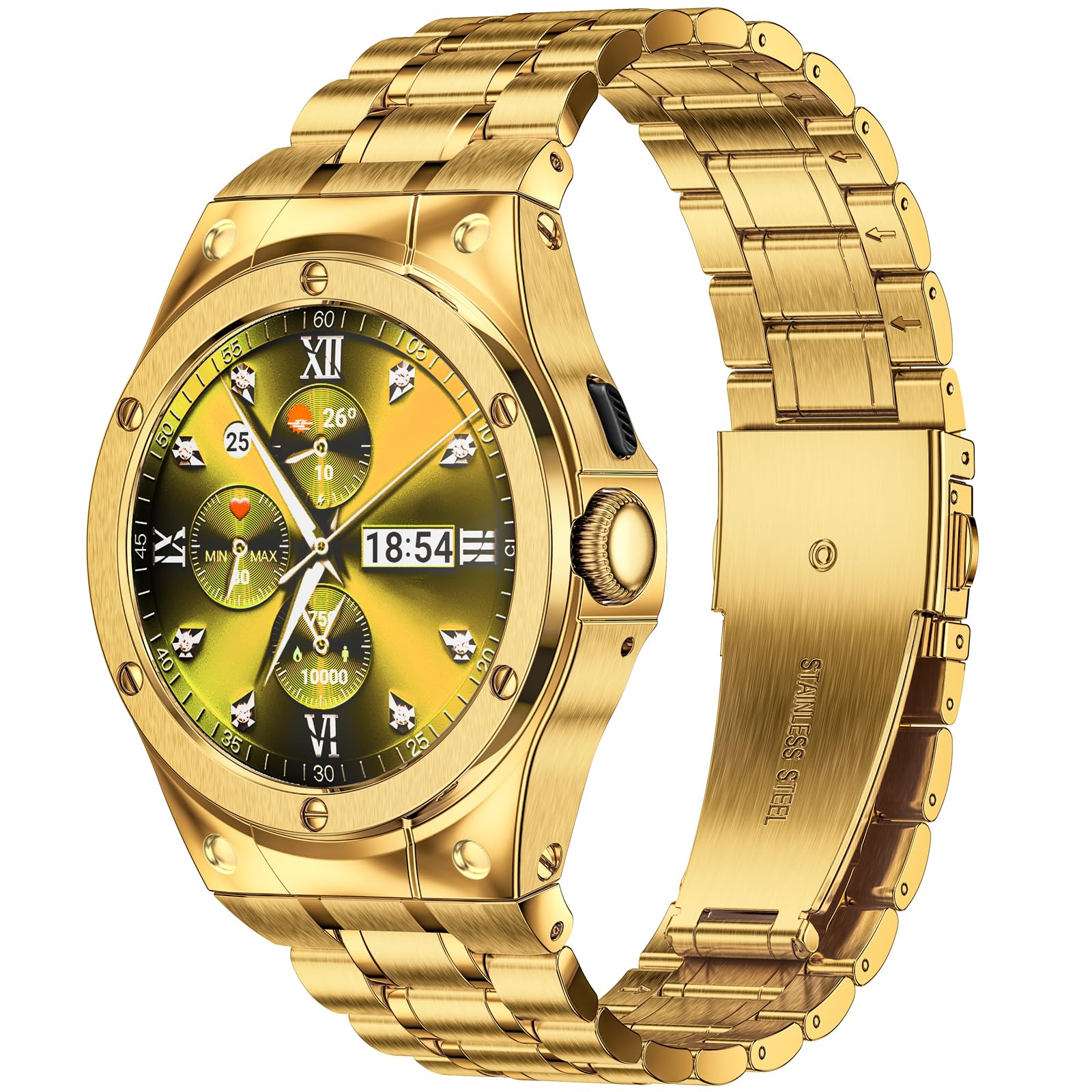 SUPLINK Stainless Steel Case and Bands Compatible with Google Pixel Watch 3 45mm, Protective Rugged Case Adjustable Replacement Strap for Men, Metal Band for Google Pixel Watch 3 - Gold