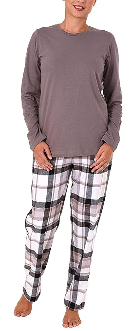 NORMANN WÄSCHEFABRIK Damen Flanell Pyjama Mix & Match Hose Flanell, Top Single Jersey - auch in Übergrössen