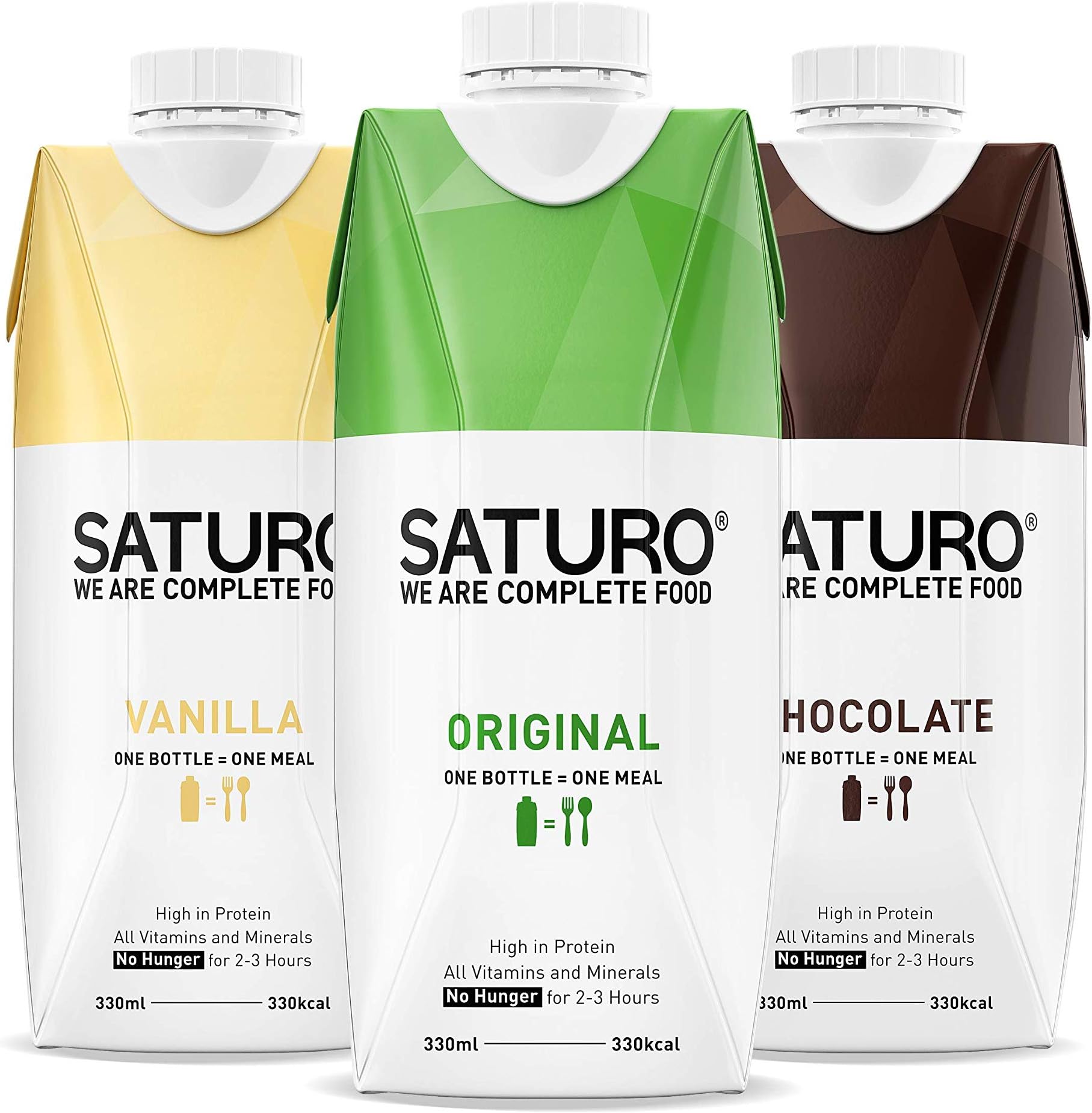 Meal Replacement Shakes SATURO, (Chocolate, Vanilla, Strawberry), Complete Nutritional Drink with Protein, 330 kcal, Gluten-Free, Vegan, Pack of 24