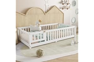 BELLEMAVE Twin Floor Bed with Slats, Fence and Door, Twin Size Montessori Floor Bed for Kids, Girls, Boys, Easy Assemble Montessori Bed Frame(Twin White)