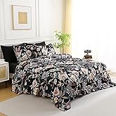 Botanical 6-Piece King Size Sheets Set, Boho Floral Print Brushed Microfiber Sheets, Cooling Bed Sheet Set, Ultra Soft & Breathable, 16' Deep Pocket Fitted Sheet & Pillowcase Set, Black Floral